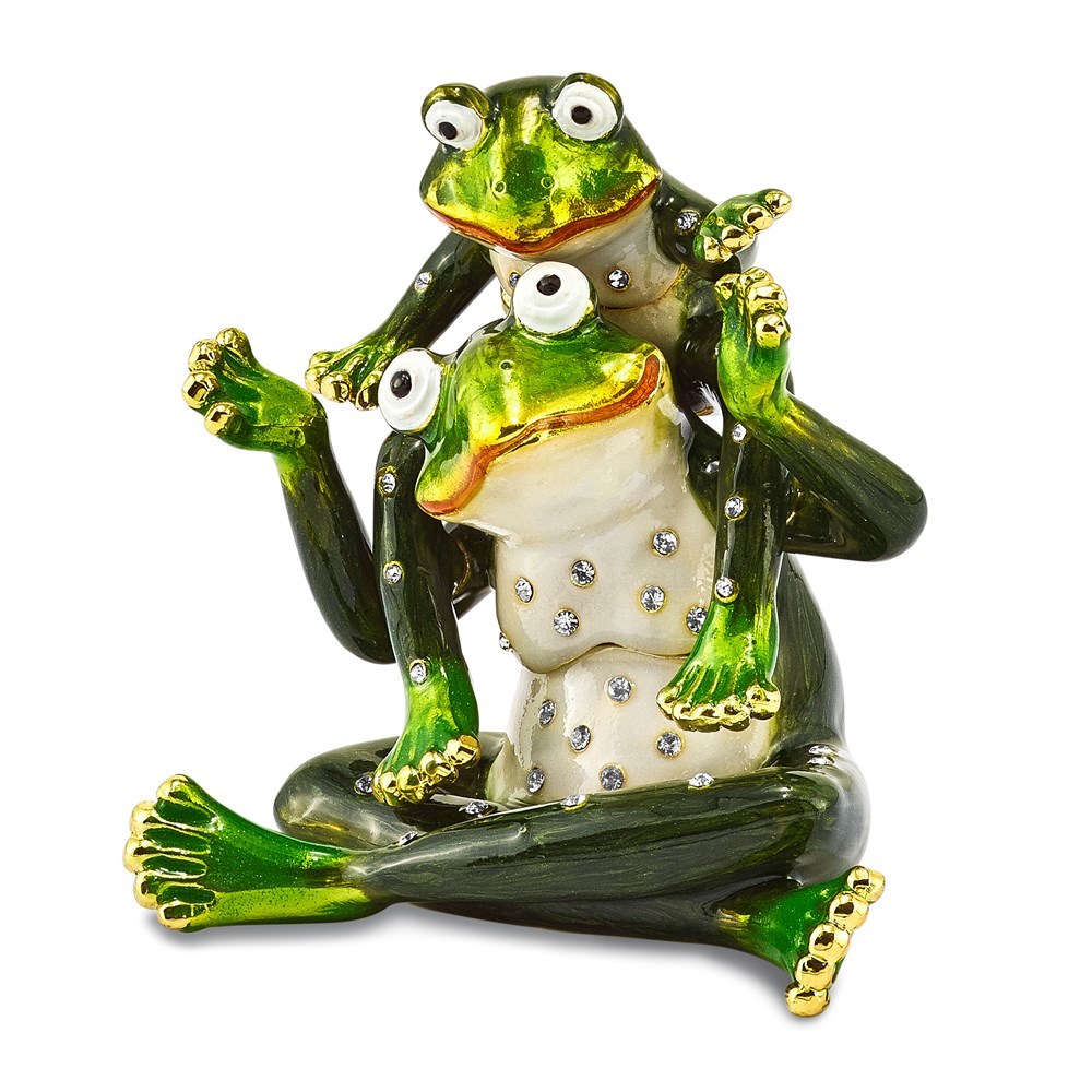 Pewter Bejeweled Crystals MAMA & TAD Frog Mother and Child Trinket Box w Pendant